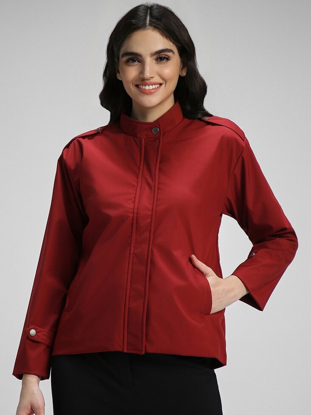 

FOREVER 21 Stand Collar Longline Bomber Jacket, Red