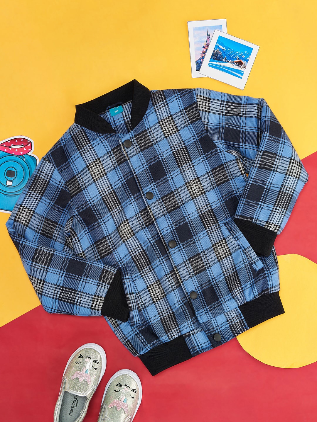 

YU by Pantaloons Girls Checked Cotton Bomber Jacket, Blue