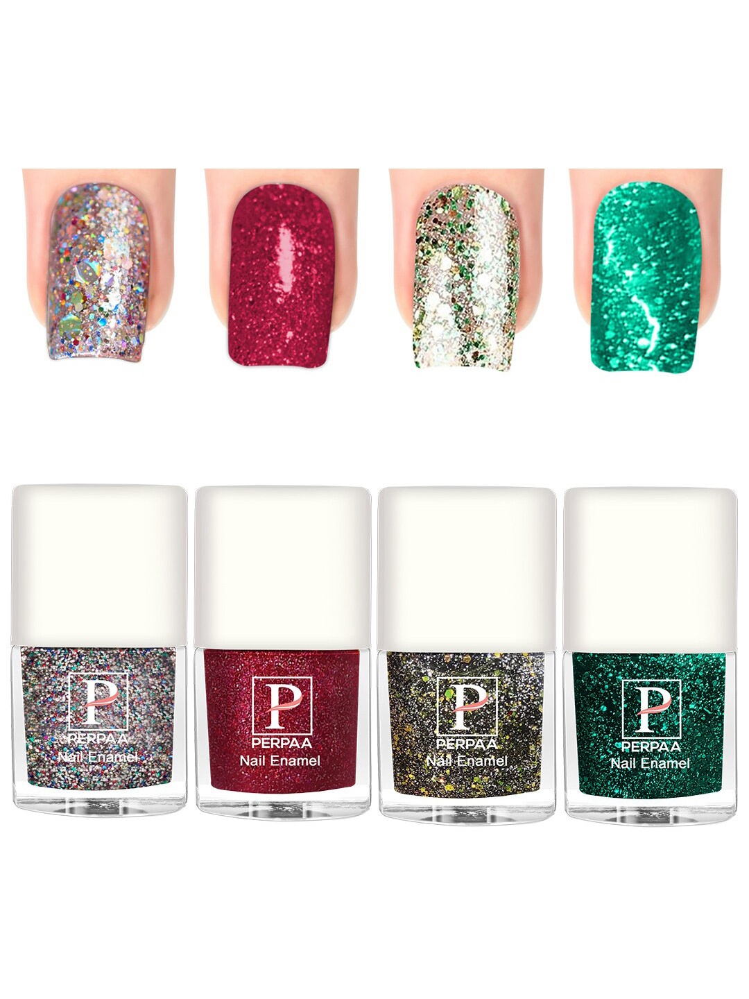 

PERPAA Set Of 4 Glitter Light Reflective UV Gel Sparkly Nail Polish - 5ml Each, Green