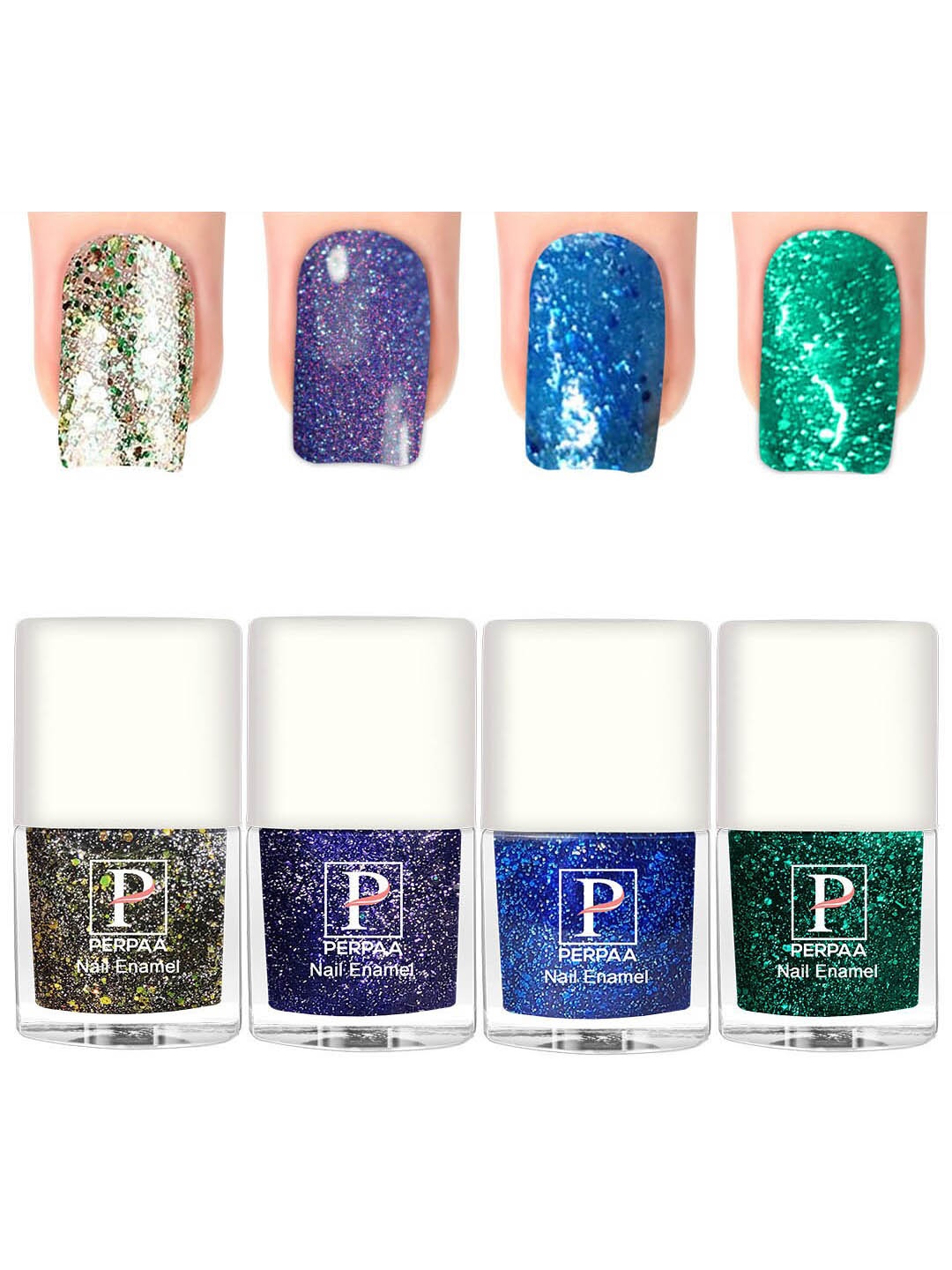 

PERPAA Set Of 4 Glitter Light Flashing Sparkly Gel Nail Polish -5ml Each-91-92-93-100, Navy blue