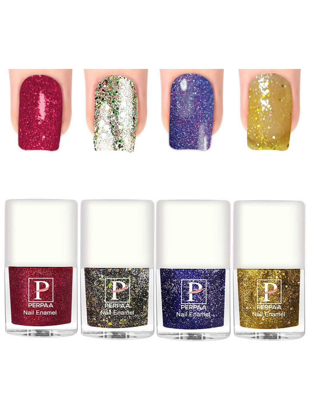 

PERPAA Set Of 4 Glitter Light Reflective UV Gel Sparkly Nail Polish - 5ml Each, Red