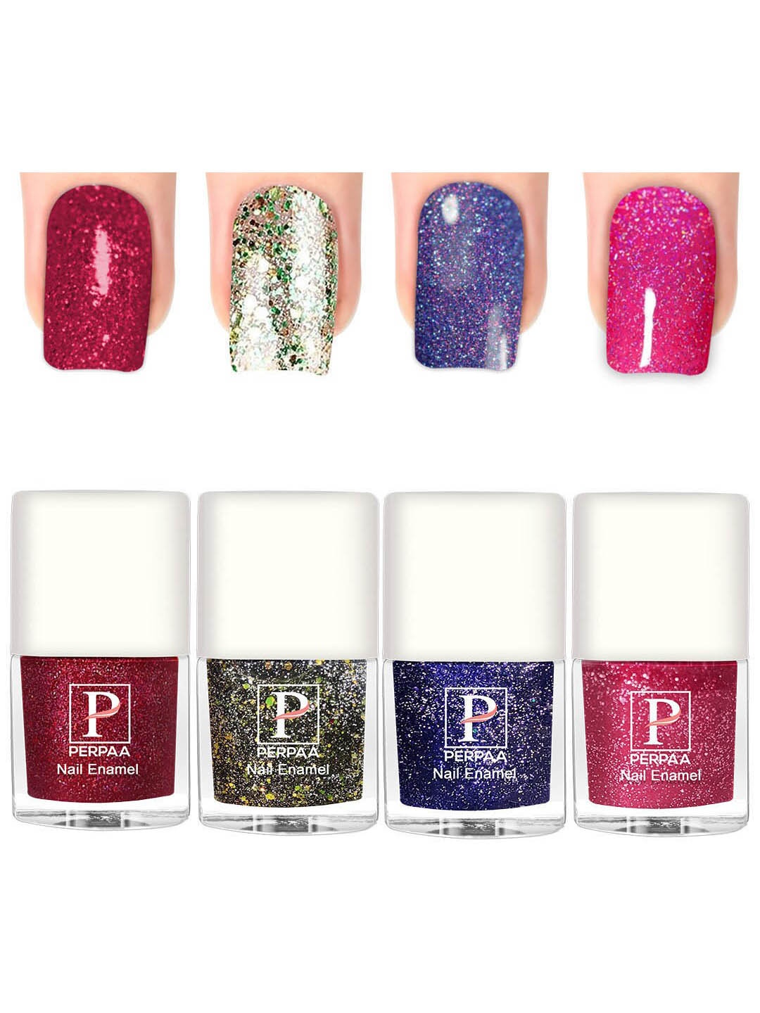 

PERPAA Set Of 4 Glitter Light Reflective UV Gel Sparkly Nail Polish - 5ml Each, Red