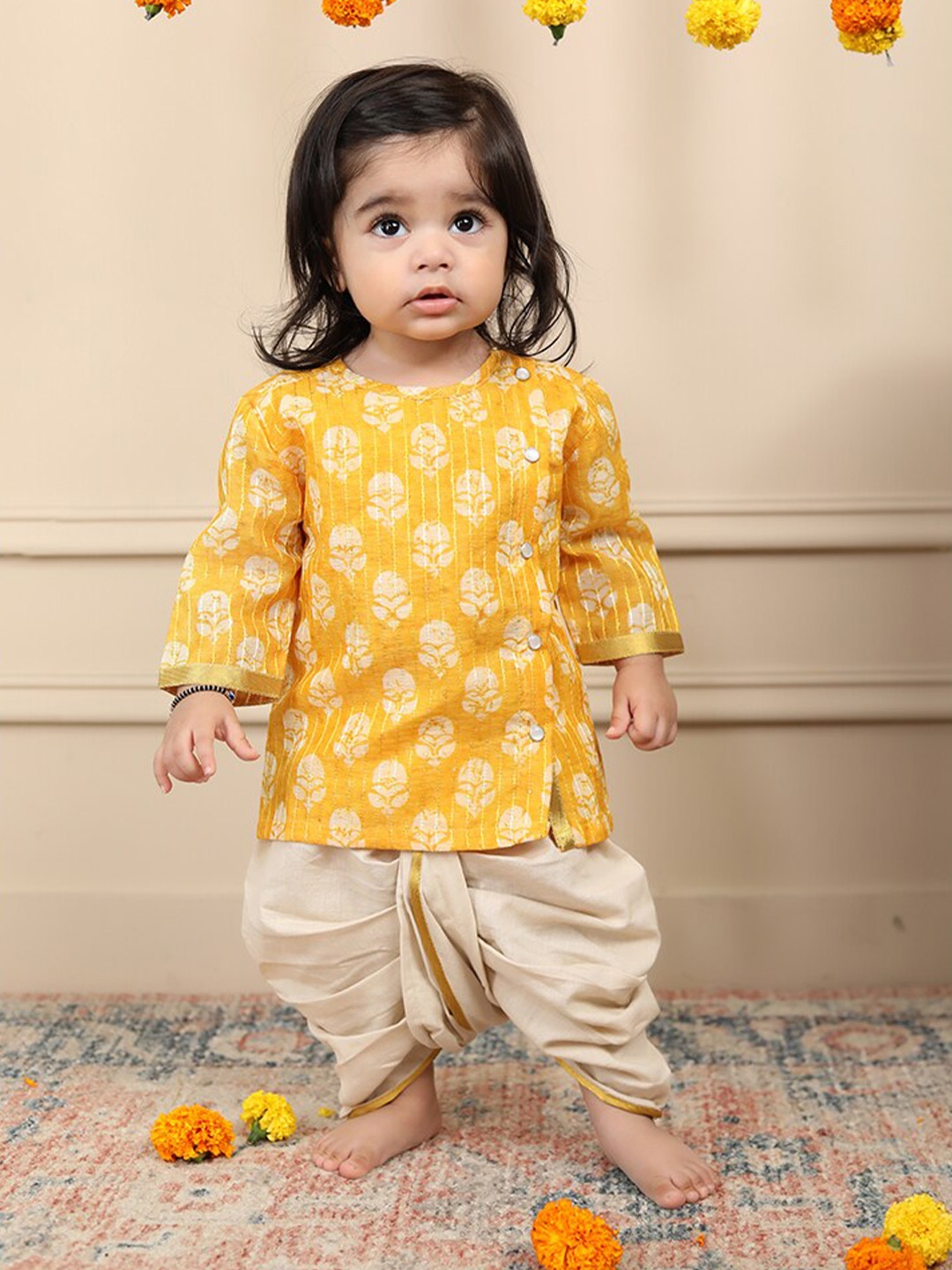 

Biglilpeople Boys Floral Printed Kurta with Dhoti Pants, Yellow