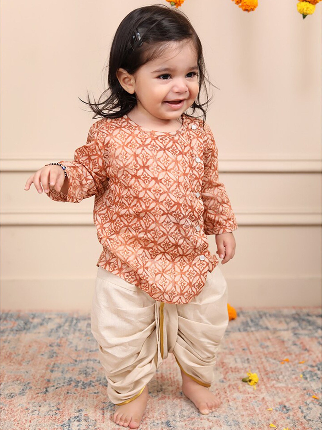 

Biglilpeople Infants Boys Ethnic Motifs Printed Angrakha Kurta with Dhoti Pants, Peach
