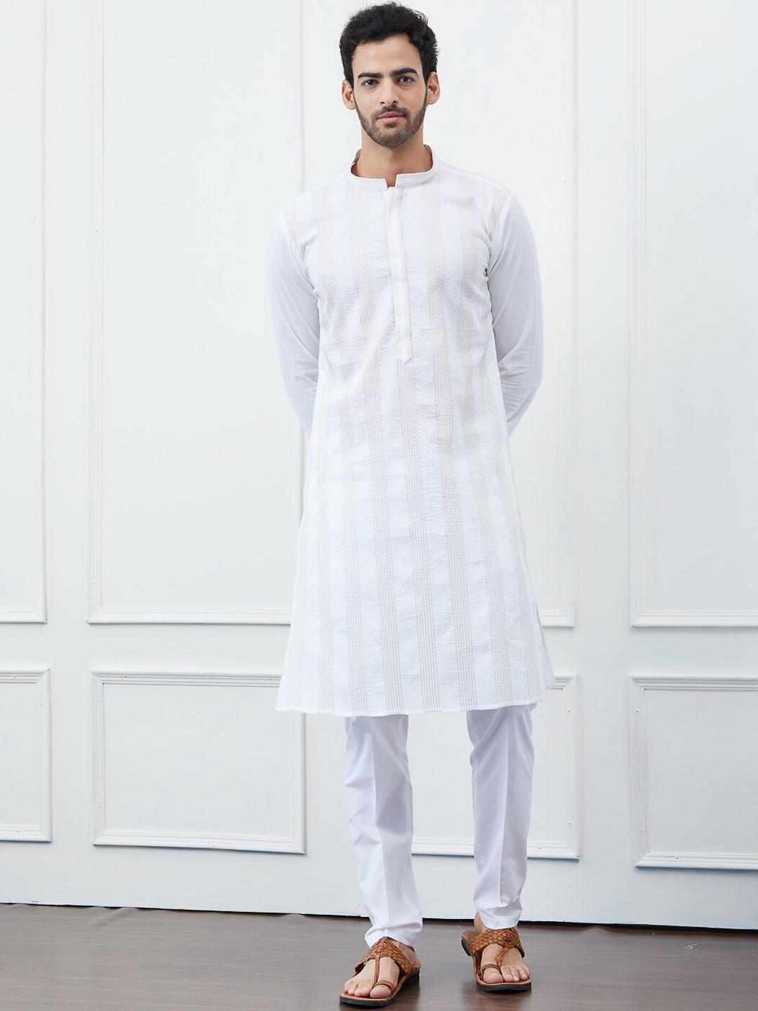 

See Designs Striped Embroidered Zari Pure Cotton Straight Kurta, White
