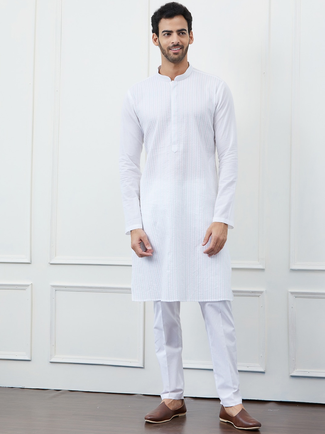 

See Designs Striped Mandarin Collar Cotton Kurta, White