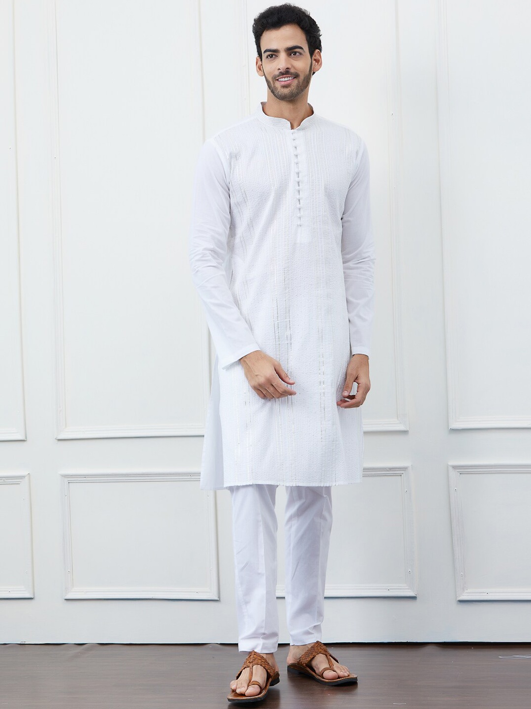 

See Designs Embroidered Sequined Pure Cotton Kurta with Pyjamas, White