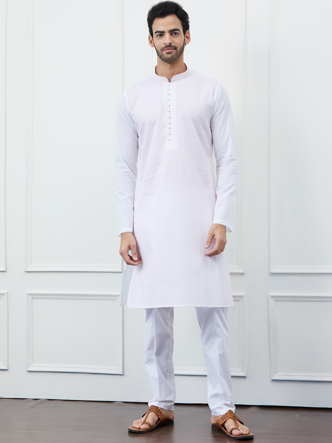 

See Designs Striped Mandarin Collar Thread Work Pure Cotton Straight Kurta with Trouser, White