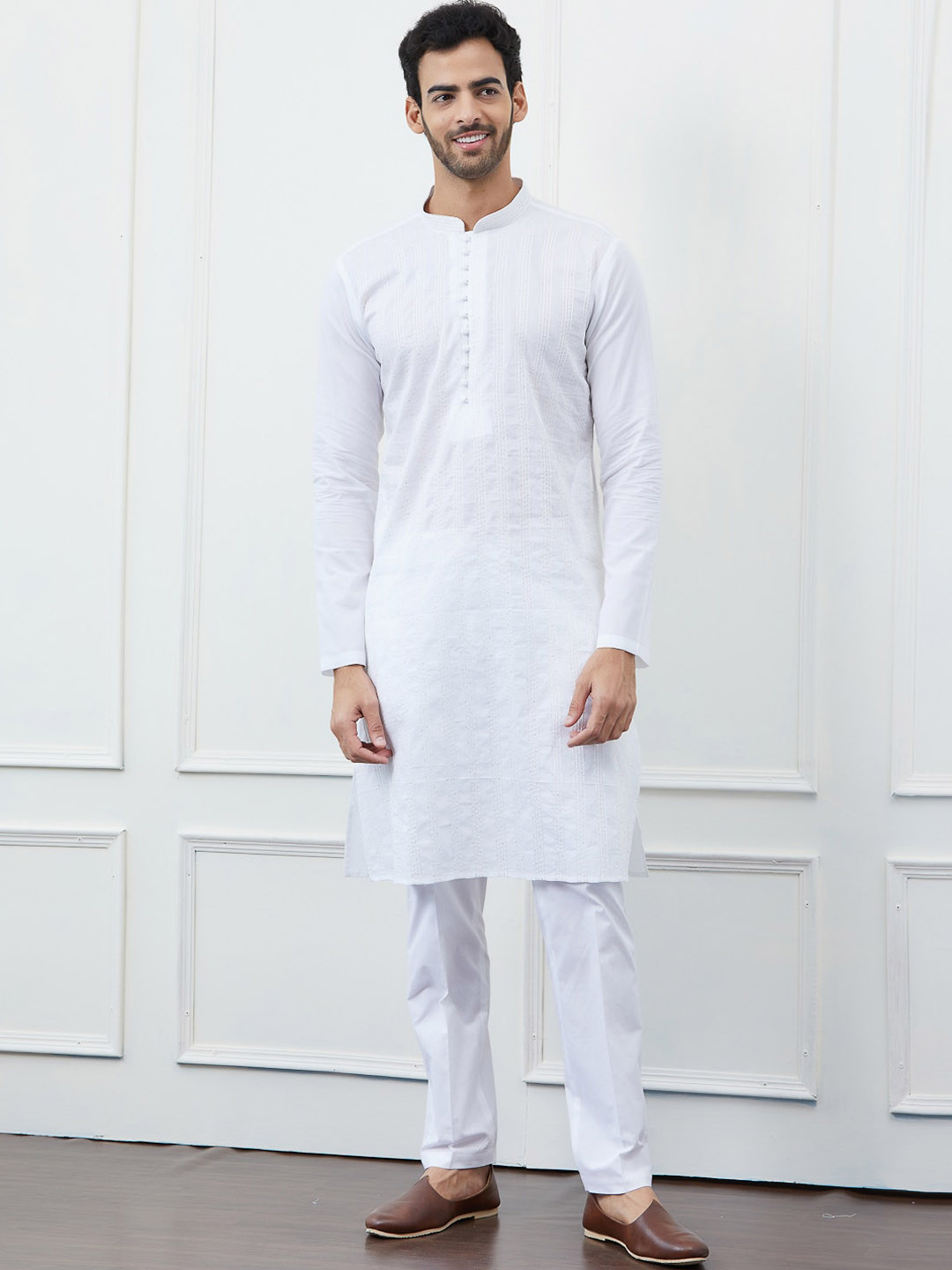 

See Designs Striped Embroidered Regular Sequinned Pure Cotton Kurta With Pyjamas, White