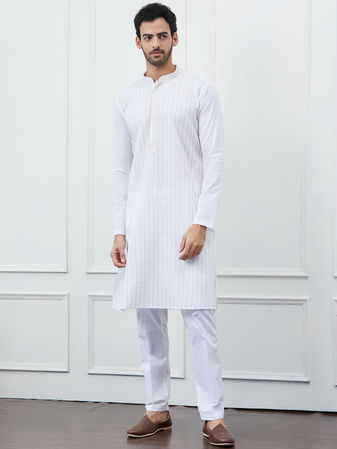 

See Designs Striped Mandarin Collar Thread Work Pure Cotton Kurta with Trouser, White