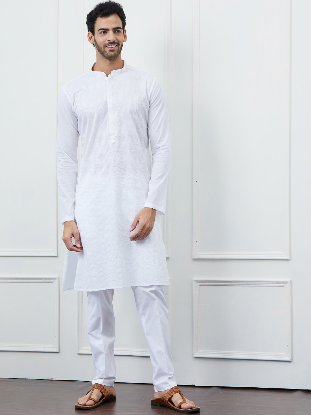 

See Designs Striped Embroidered Regular Sequinned Pure Cotton Kurta With Pyjamas, White
