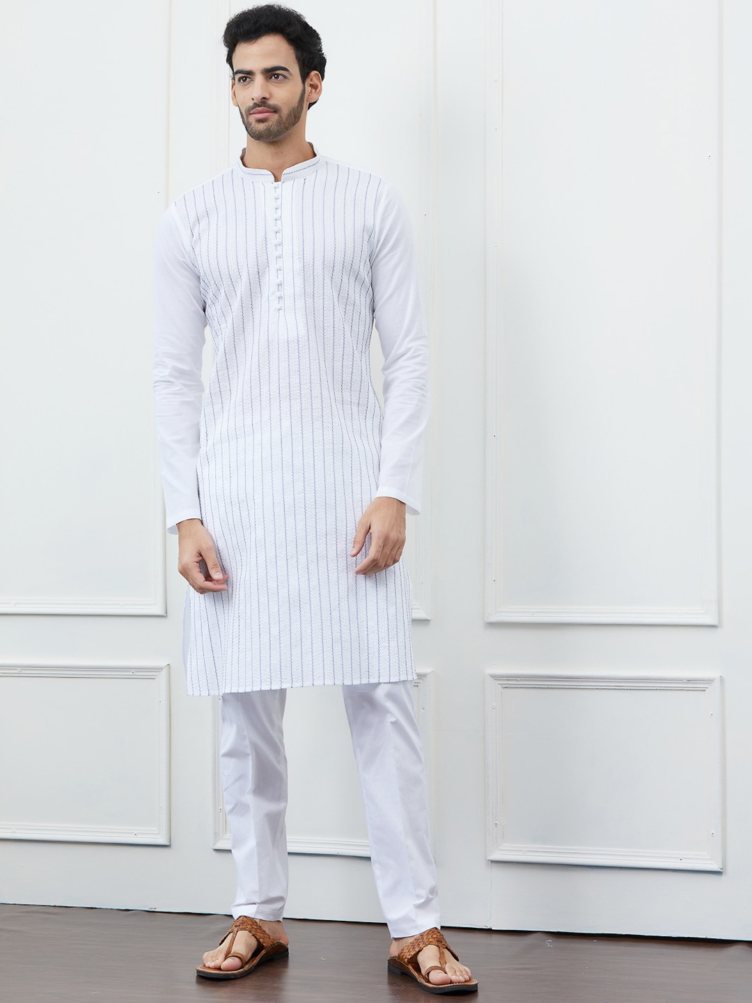 

See Designs Striped Embroidered Regular Sequinned Pure Cotton Kurta With Pyjamas, White