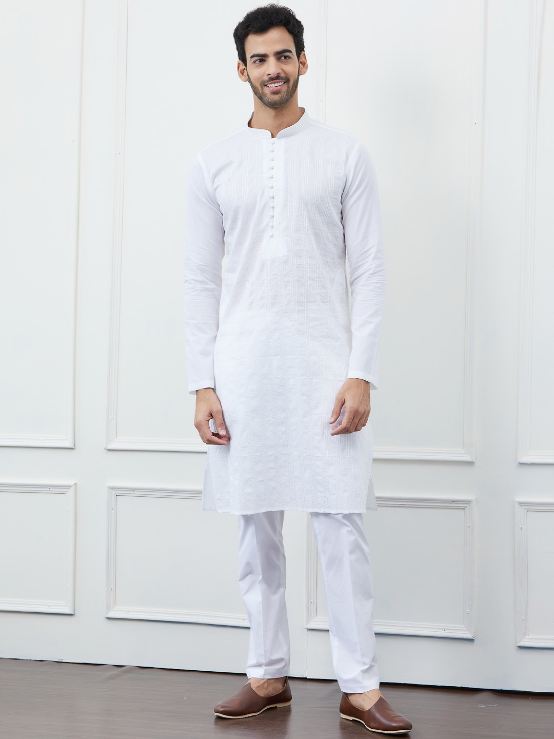 

See Designs Striped Cotton Mandarin Collar Thread Work Straight Kurta, White