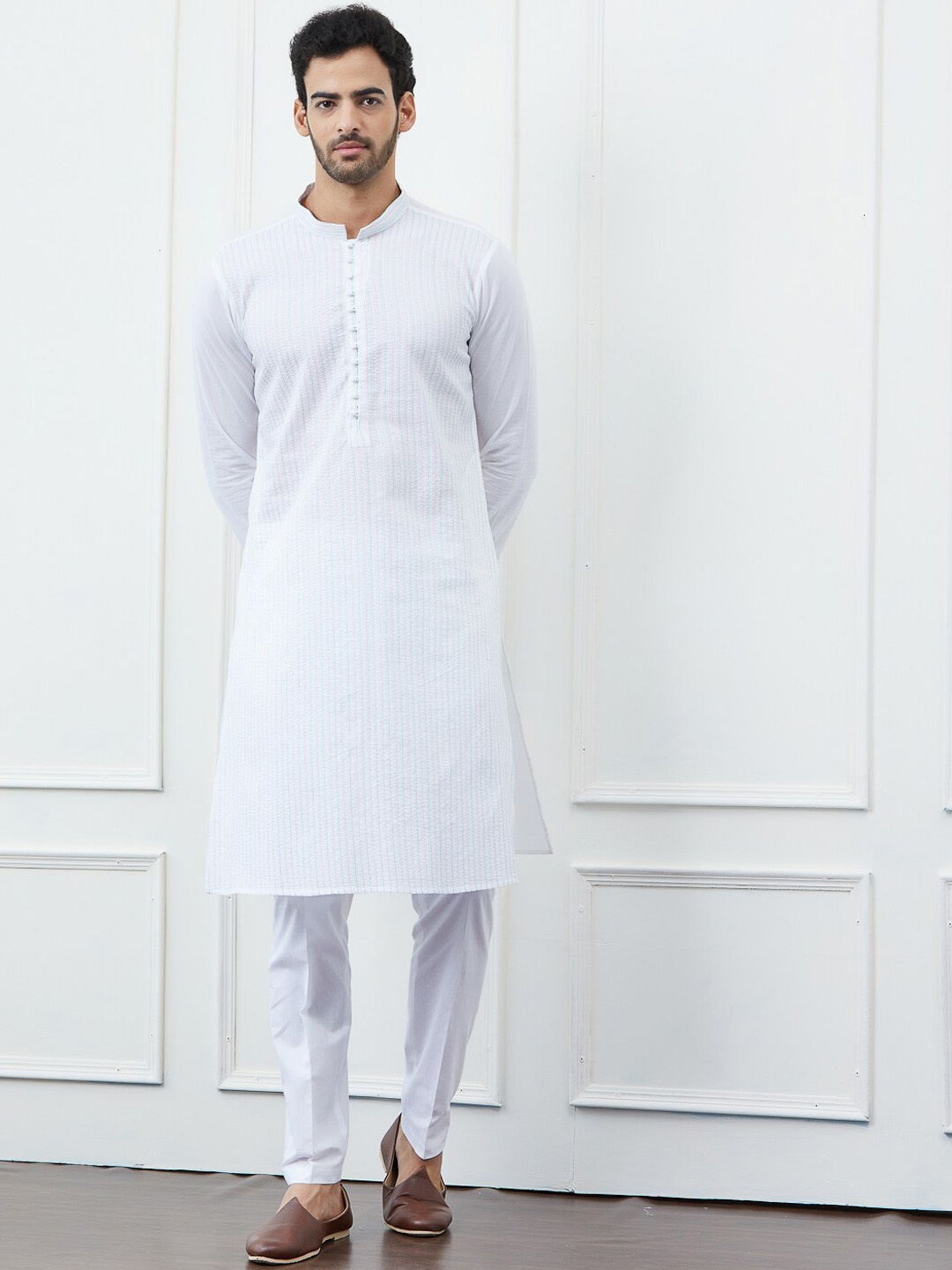 

See Designs Striped Cotton Mandarin Collar Thread Work Straight Kurta, White