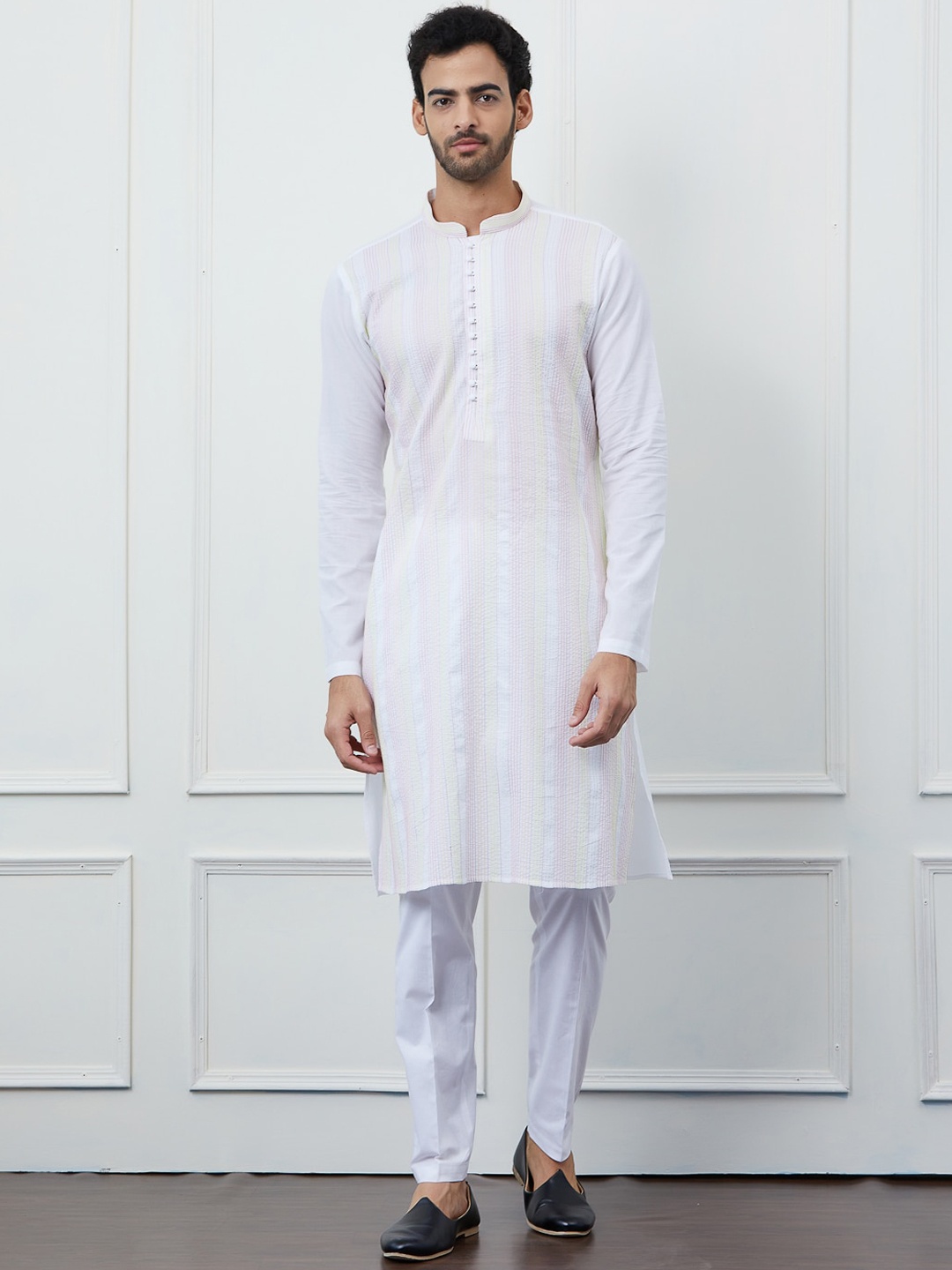 

See Designs Striped Cotton Mandarin Collar Thread Work Straight Kurta, White