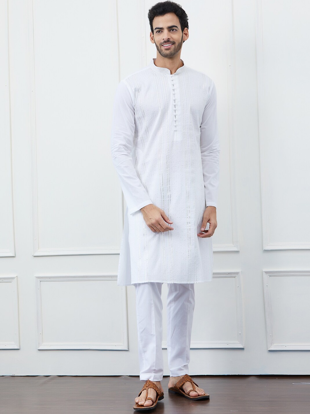 

See Designs Striped Mandarin Collar Gotta Patti Cotton Kurta, White