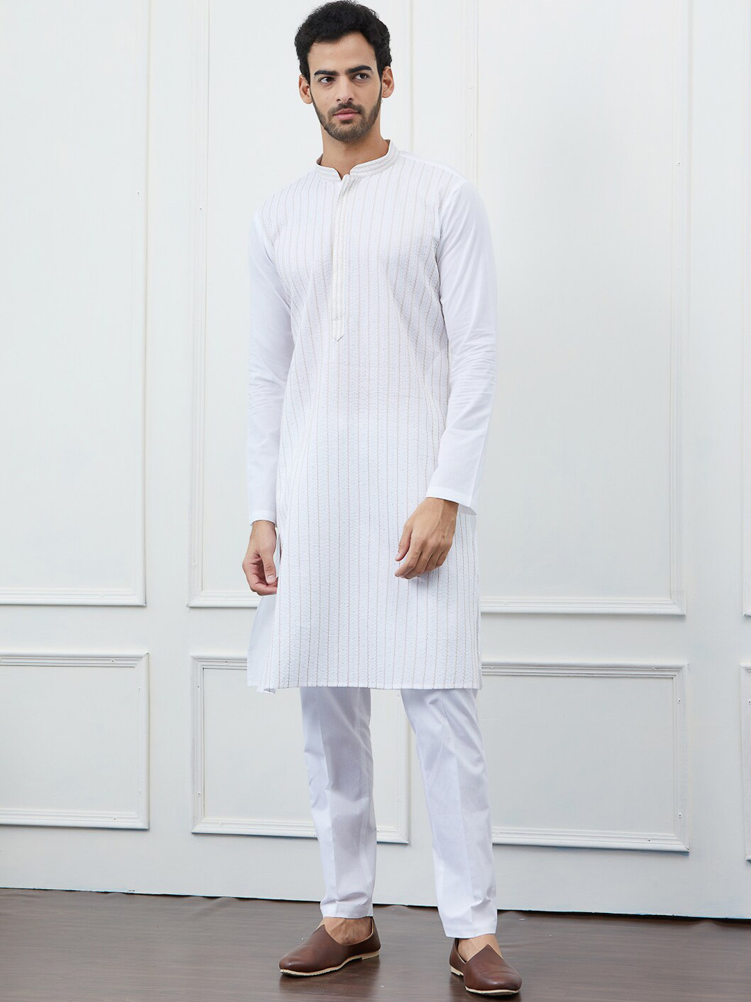 

See Designs Striped Mandarin Collar Thread Work Cotton Kurta, White