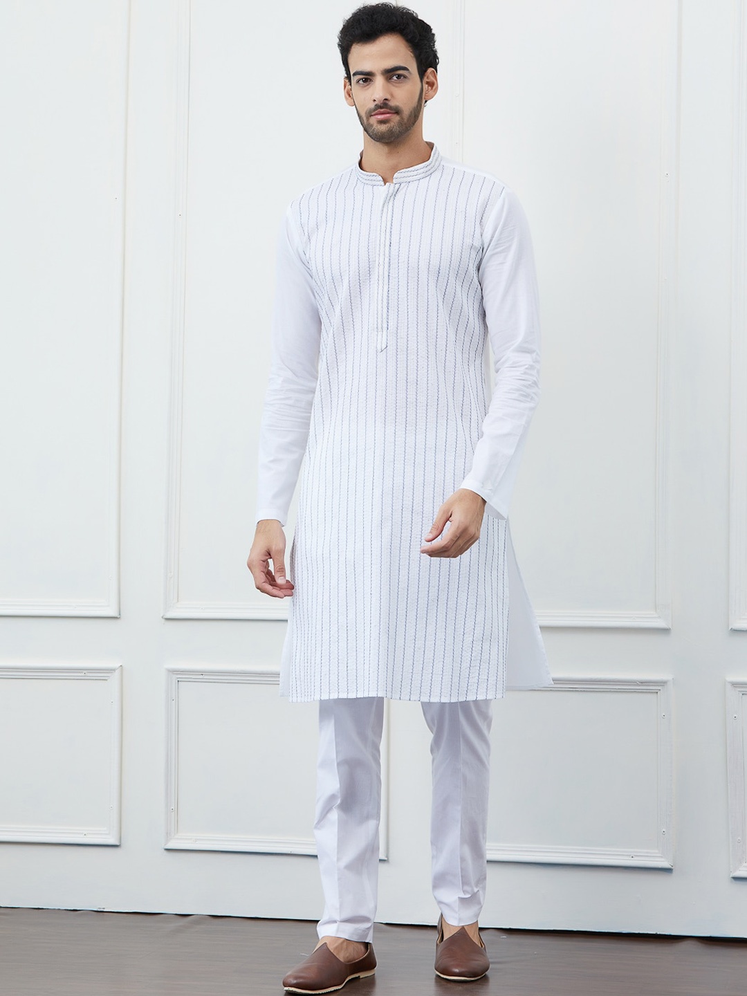 

See Designs Striped Thread Work Pure Cotton Straight Kurta, White