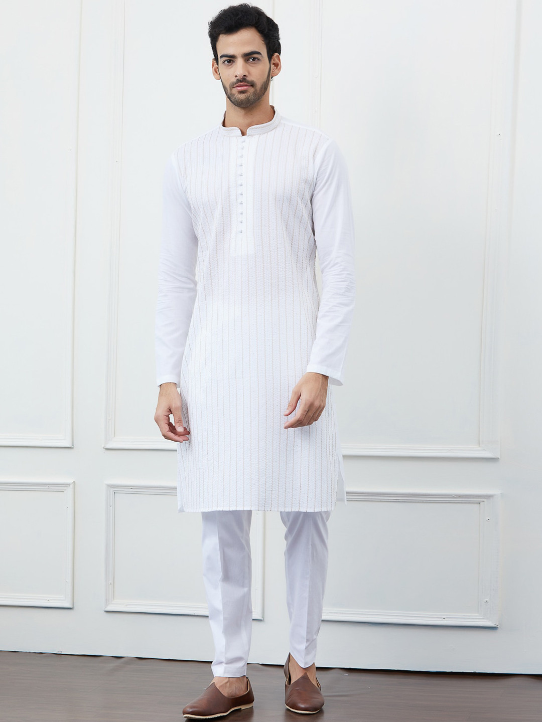 

See Designs Striped Thread Work Pure Cotton Straight Kurta, White