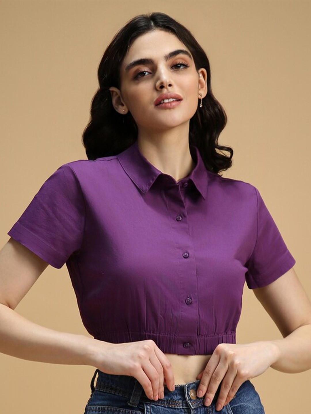 

FOREVER 21 Shirt Collar Shirt Style Crop Top, Purple