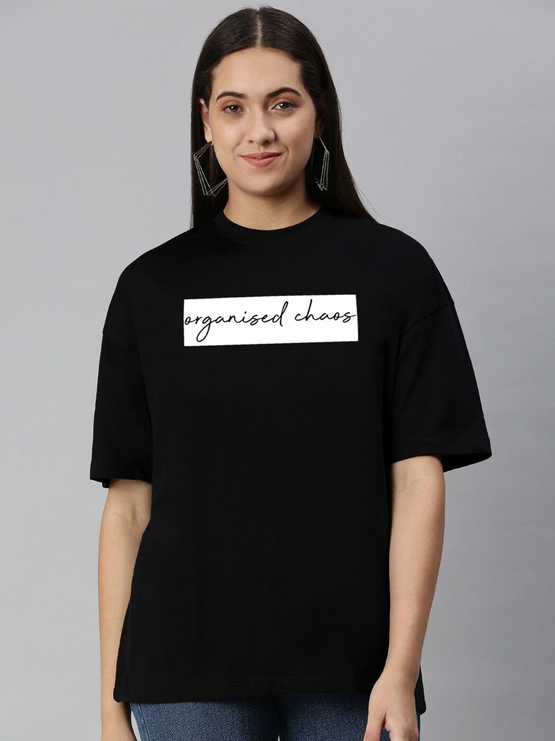 

Huetrap Typography Printed Drop-Shoulder Sleeves Oversize T-shirt, Black