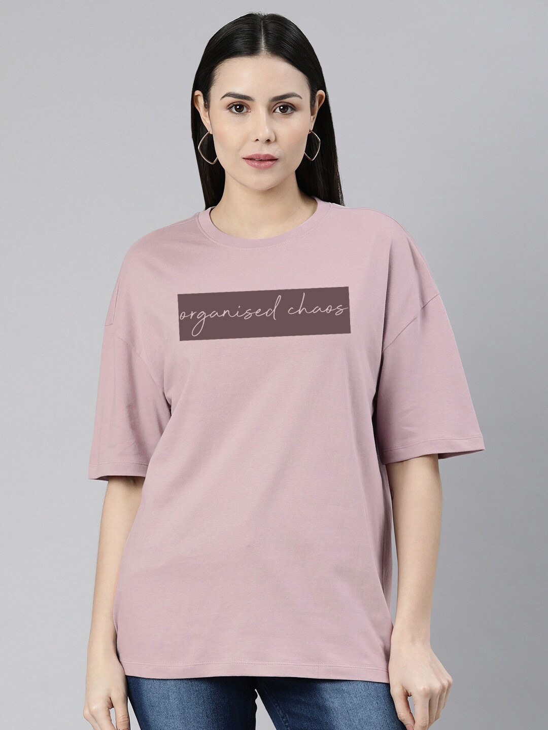 

Huetrap Typography Printed Drop-Shoulder Sleeves Oversize T-shirt, Pink