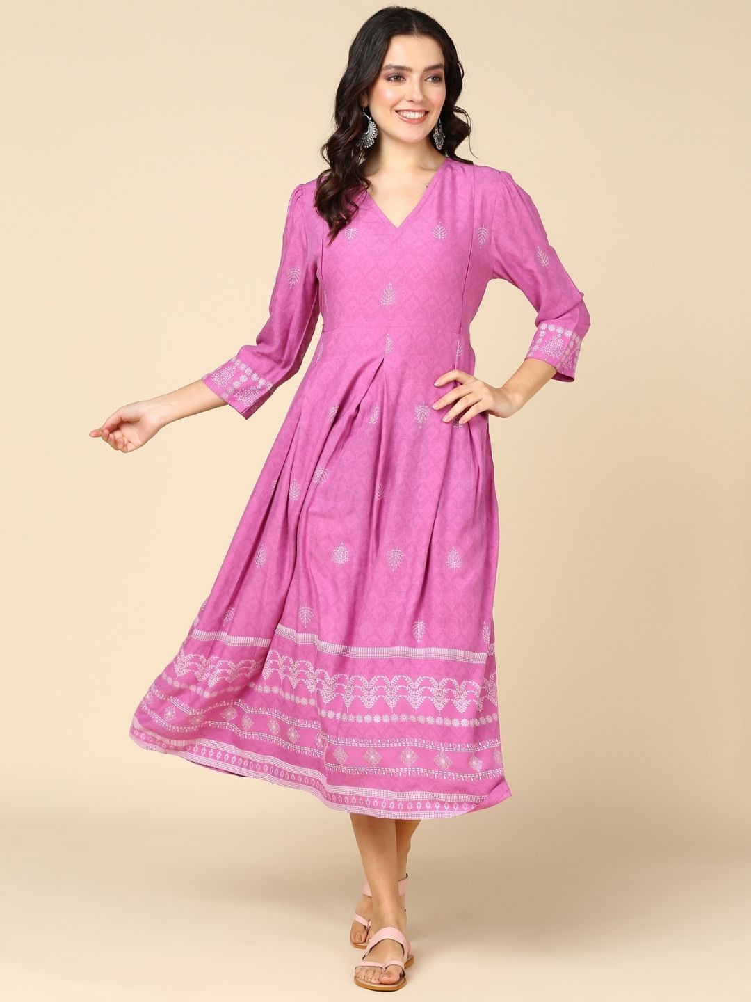 

House Of Zelena Ethnic Motifs Printed Maternity A-Line Midi Dress, Purple