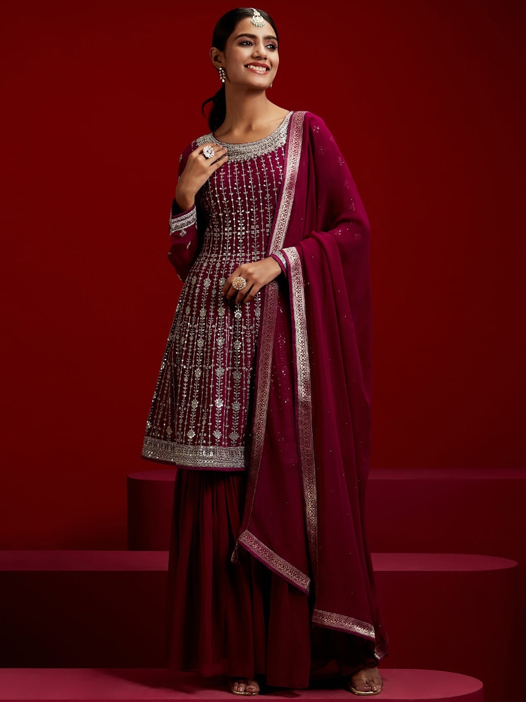 

Libas Art Floral Embroidered Georgette A-Line Kurta With Sharara & Dupatta, Magenta