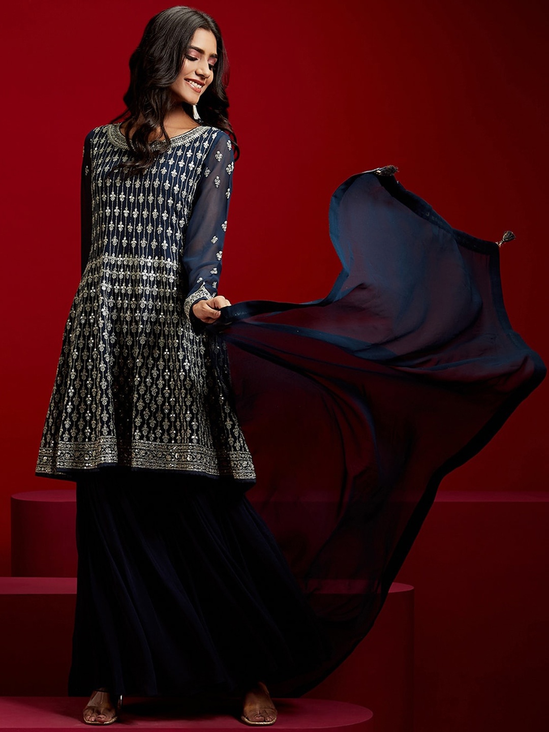 

Libas Art Ethnic Motifs Embroidered Georgette A-Line Kurta with Sharara & Dupatta, Teal