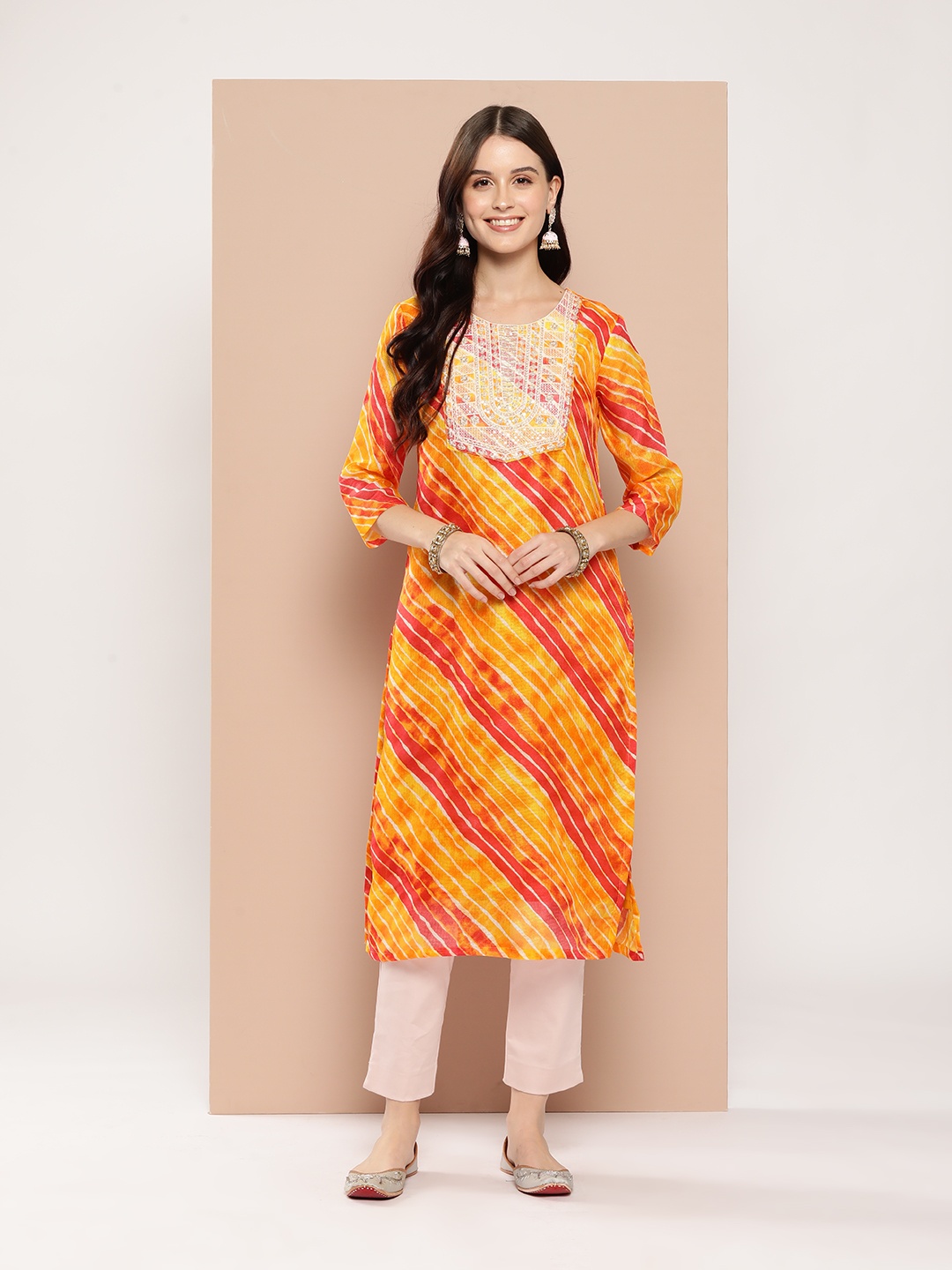 

HERE&NOW Women Ethnic Motifs Embroidered Sequinned Kurta, Orange