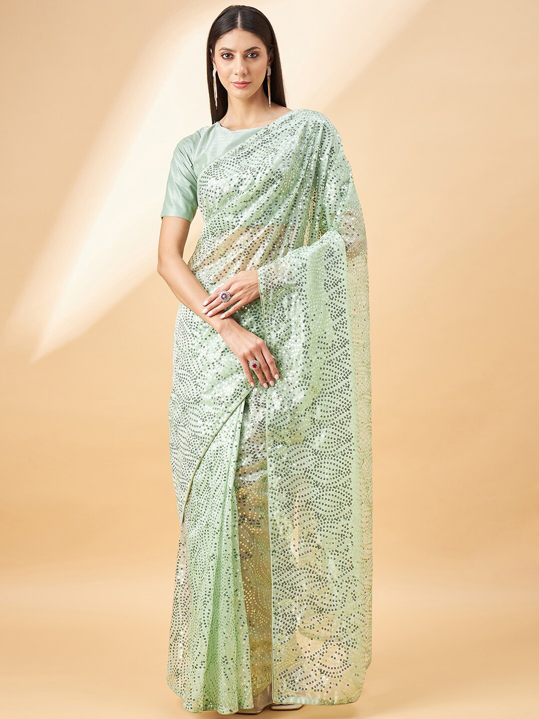 

all about you Green Embellished Sequinned Pure Georgette Saree