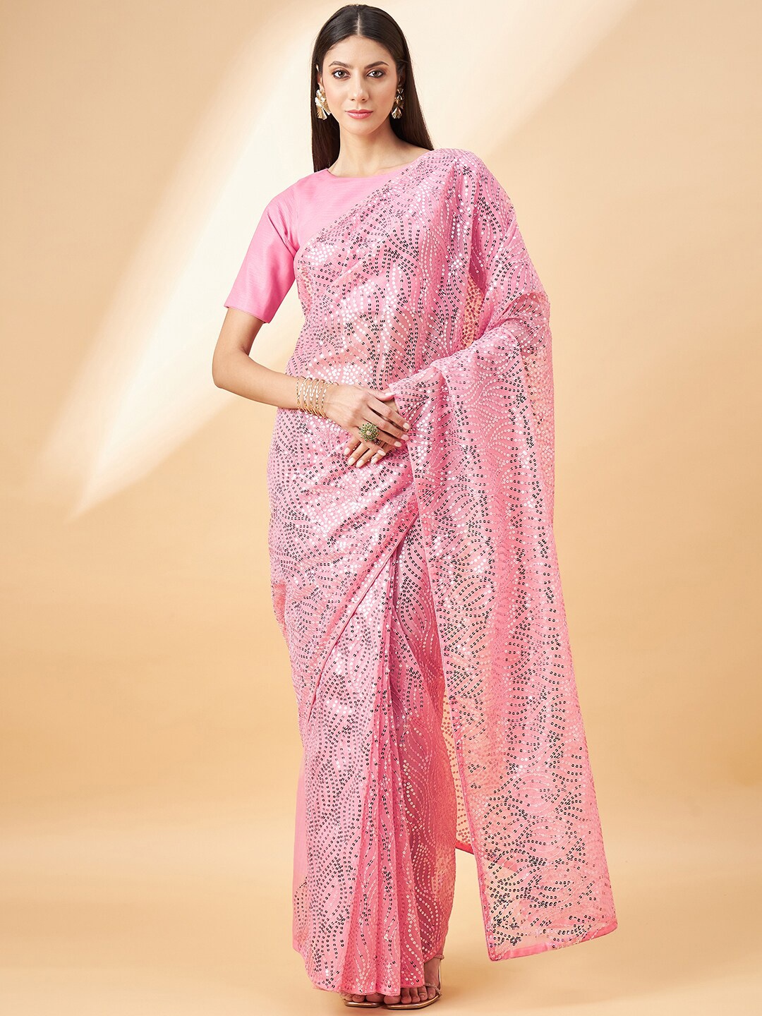 

all about you Pink Embellished Sequinned Pure Georgette Saree