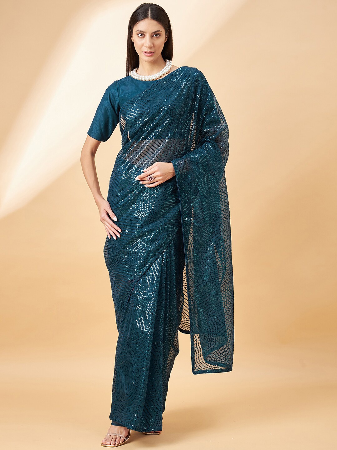 

all about you Teal Embellished Sequinned Pure Georgette Saree