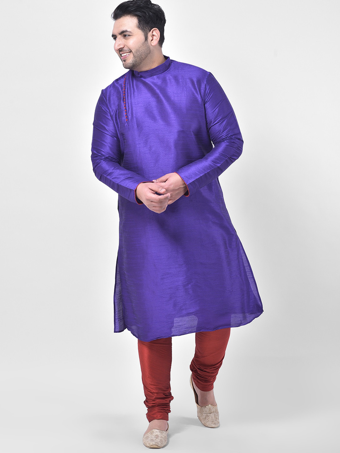 

Sztori Plus Size Band Collar Jacquard Silk Straight Kurta With Churidar, Purple
