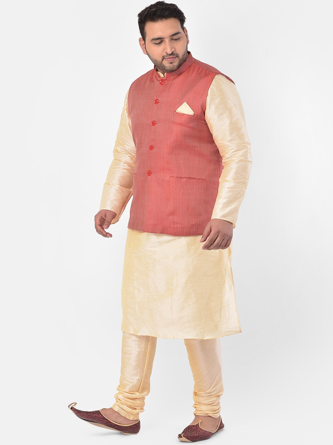 

Sztori Plus Size Mandarin Collar Long Sleeves Regular Kurta With Churidar & Nehru Jacket, Maroon