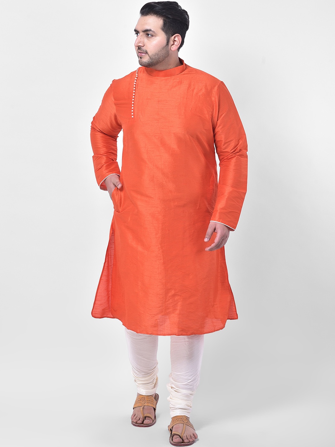 

Sztori Plus Size Band Collar Jacquard Silk Straight Kurta With Churidar, Orange