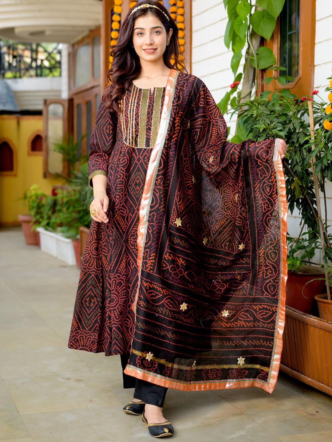 

Jaipuriya Fab Private Limited Bandhani Printed Pure Cotton Kurta With Trouser & Dupatta, Black