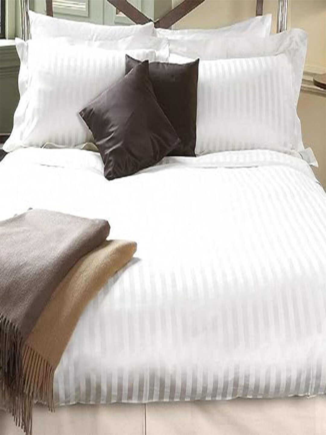 

Kuber Industries White Striped Cotton King Bedsheet With 2 Pillow Covers