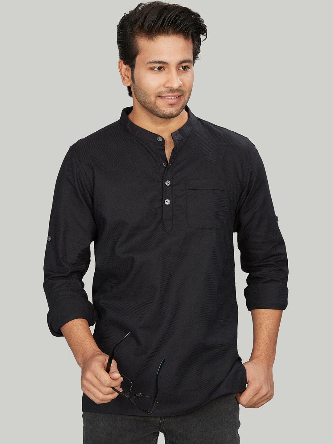 

Authentics Band Collar Straight Pure Cotton Kurta, Black