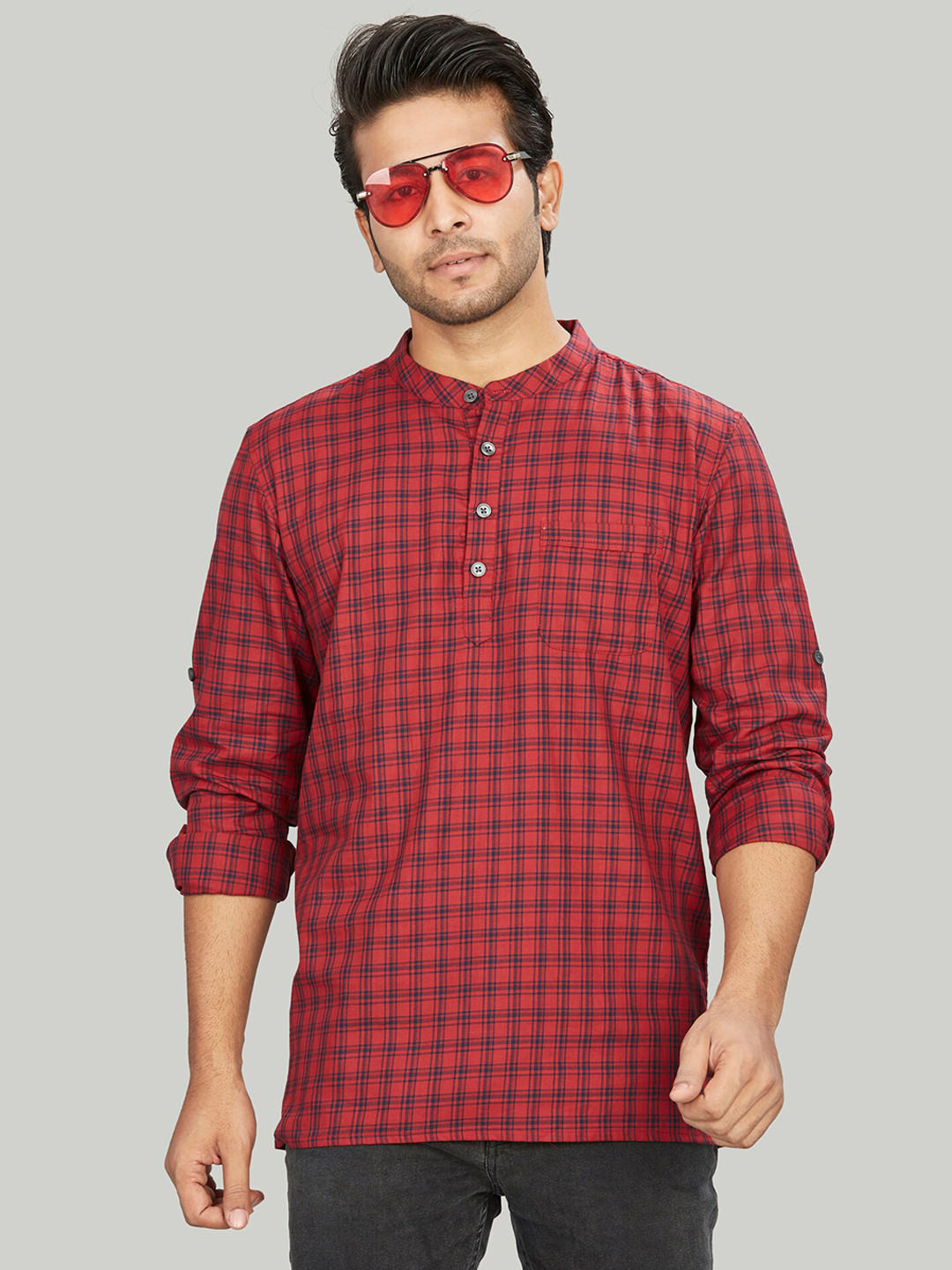 

Authentics Checked Band Collar Straight Pure Cotton Kurta, Red