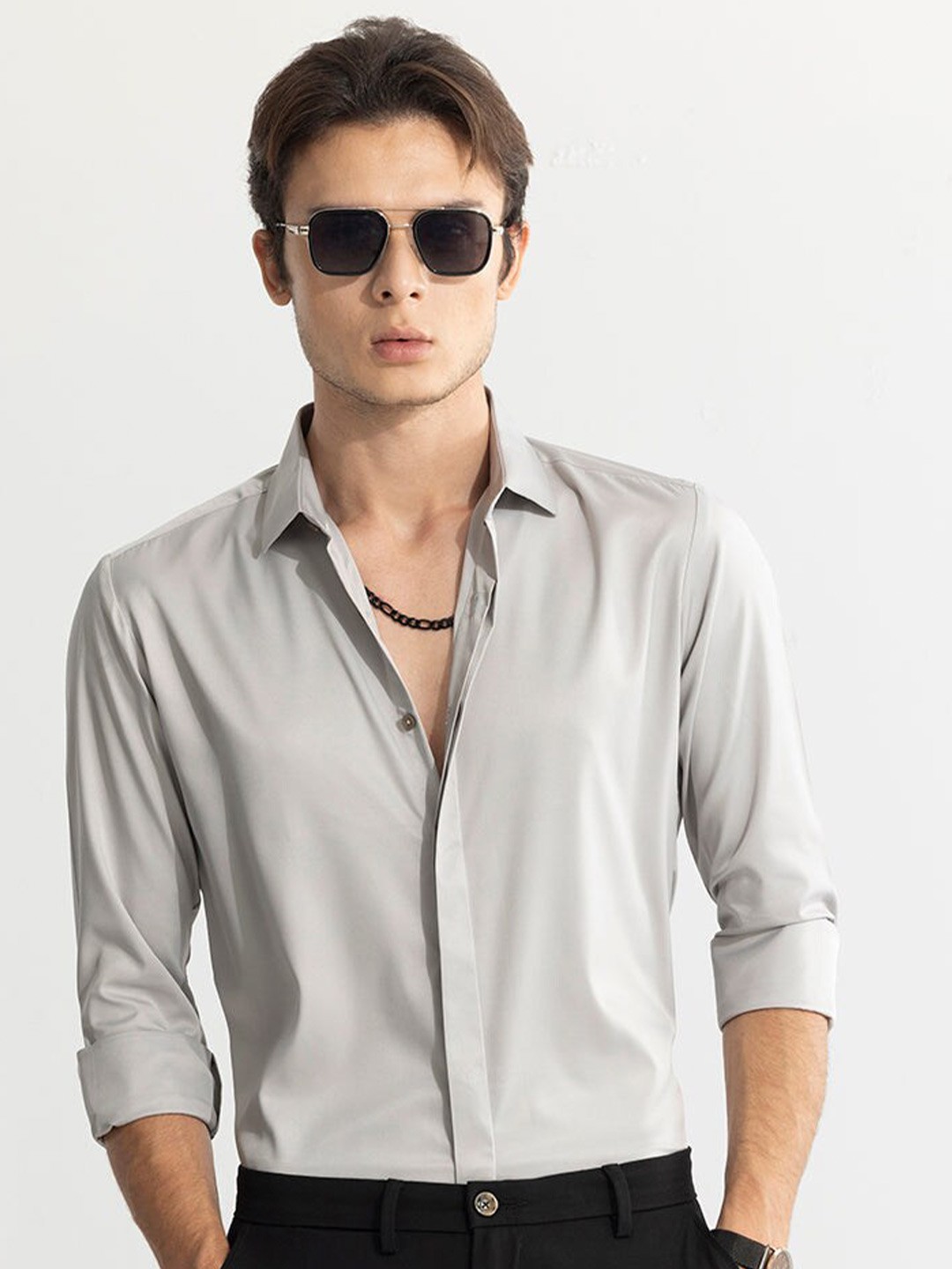 

Snitch Classic Slim Fit Spread Collar Long Sleeves Casual Shirt, Grey