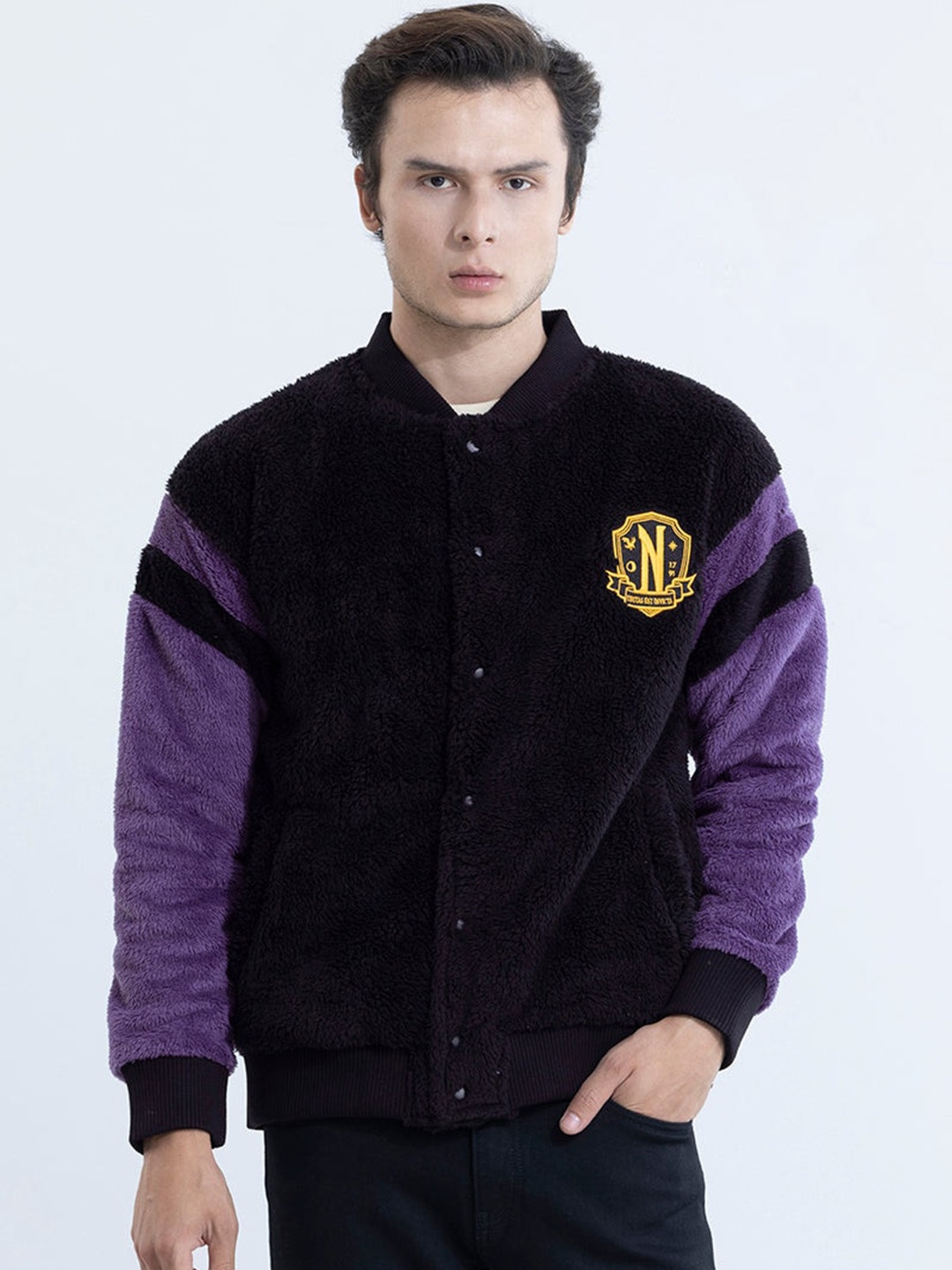 

Snitch Black Self Design Varsity Jacket