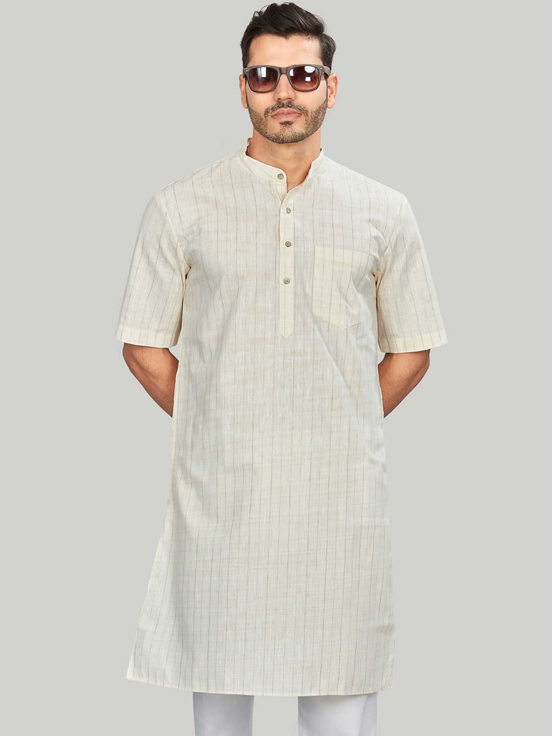 

Authentics Striped Cotton Linen Straight Kurta, Beige