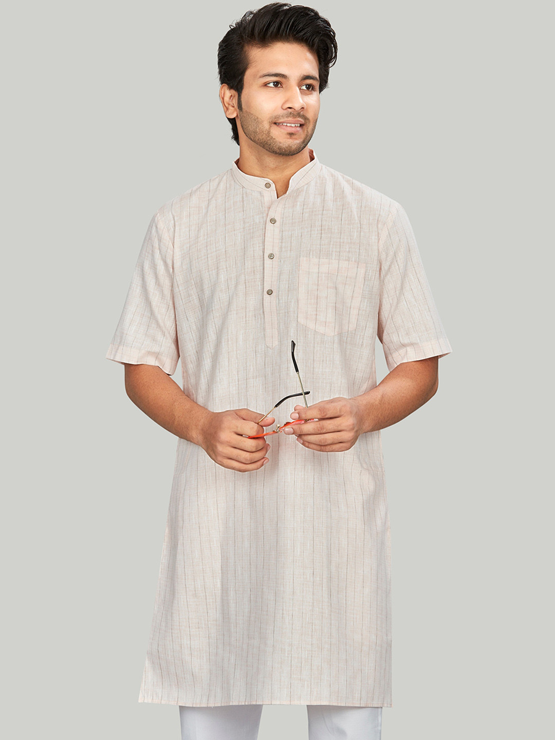 

Authentics Striped Cotton Linen Straight Kurta, Peach