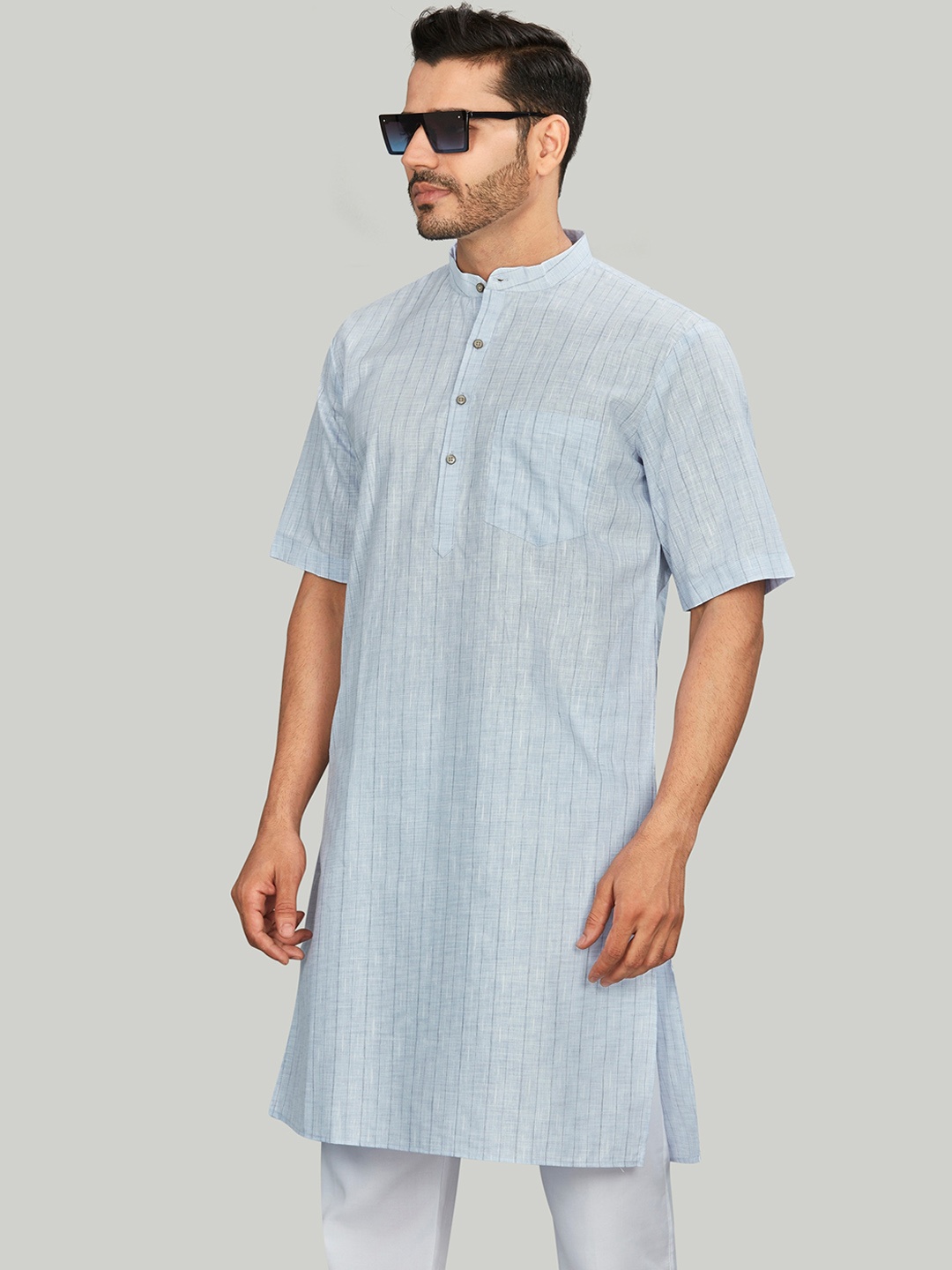 

Authentics Striped Cotton Linen Straight Kurta, Blue
