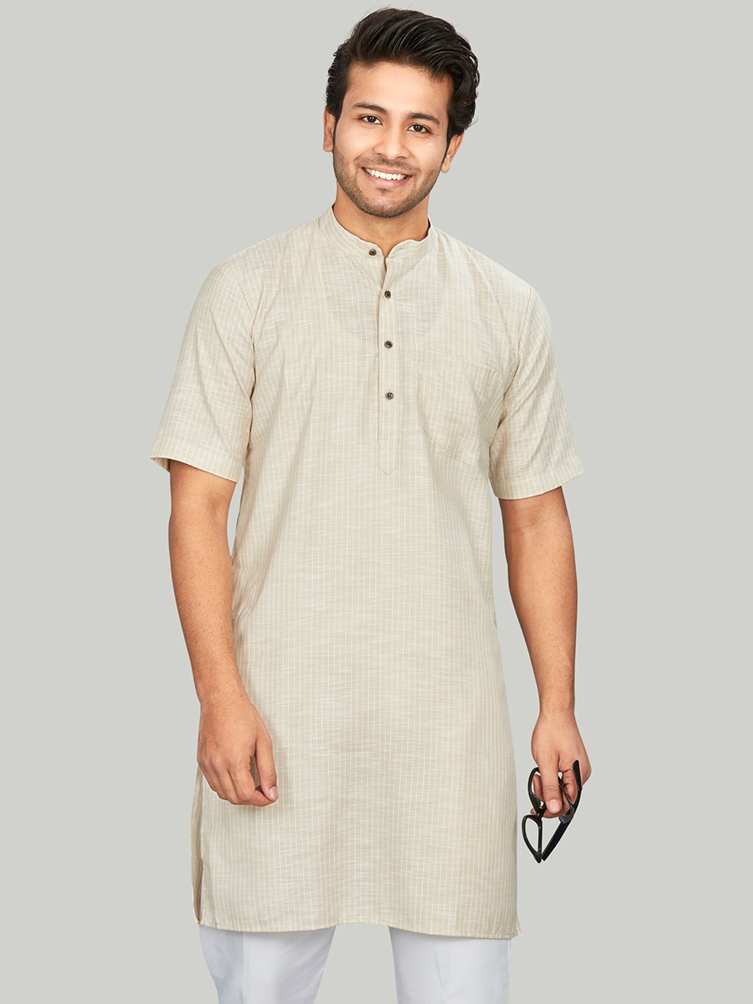 

Authentics Striped Cotton Linen Straight Kurta, Beige