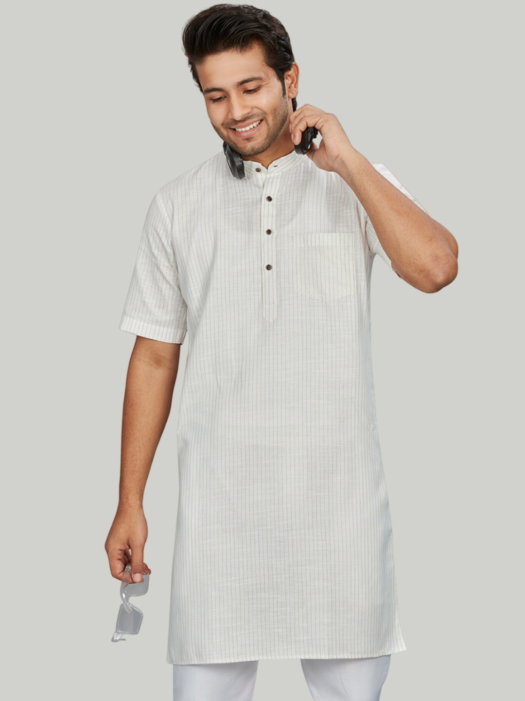 

Authentics Striped Band Collar Straight Cotton Kurta, White