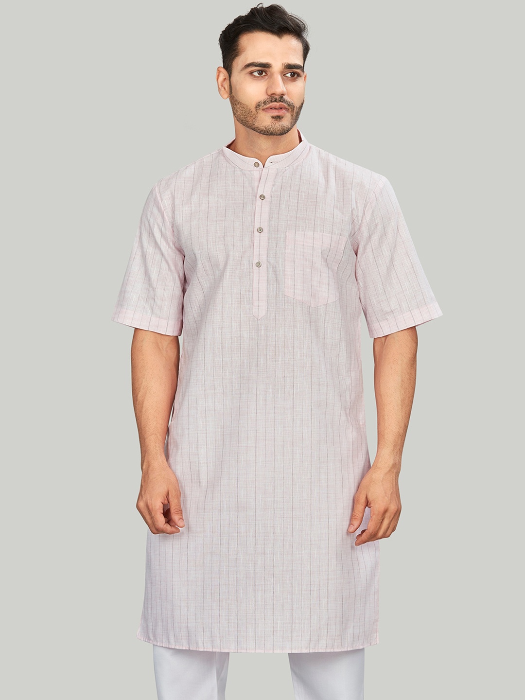 

Authentics Striped Half Sleeves Cotton Linen Straight Kurta, Pink