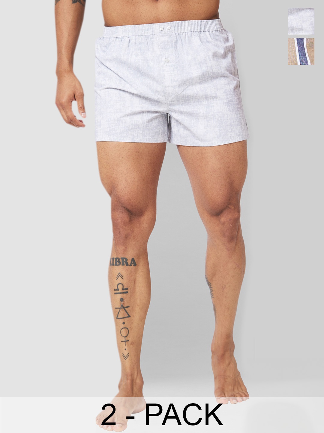 

VASTRADO Men Pack Of 2 Striped Printed Cotton Boxers MB3453A, Grey