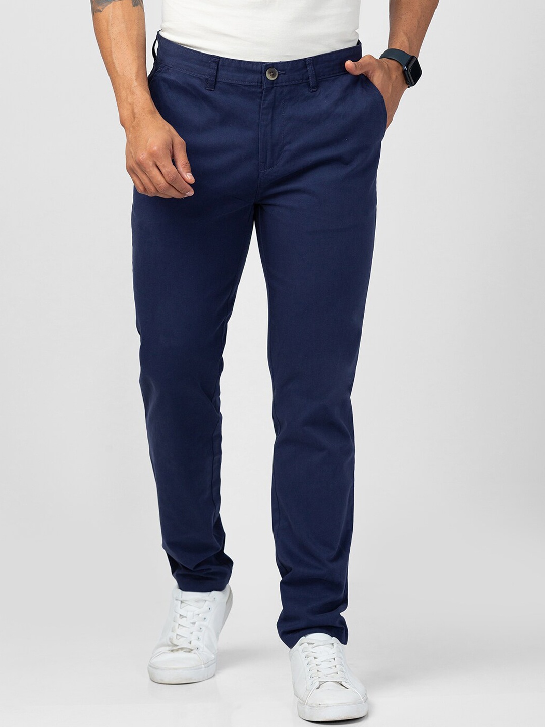 

VASTRADO Men Mid-Rise Flat-Front Cotton Trousers, Navy blue